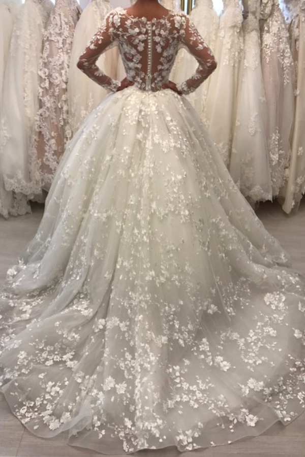 Elegant Long Sleeve Lace White Court Train Ball Gown Wedding Dress