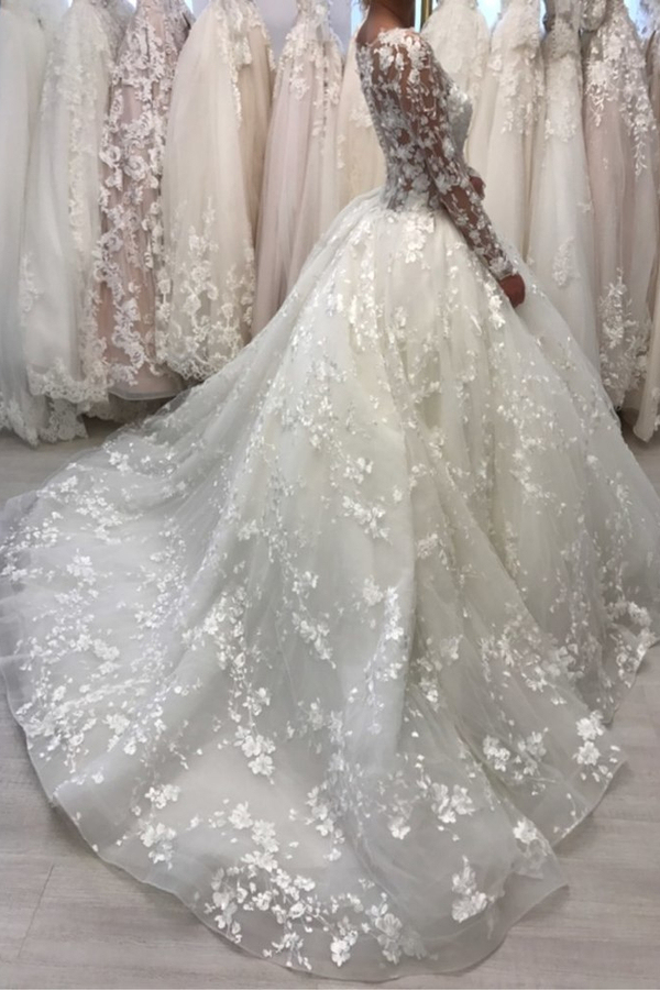 Elegant Long Sleeve Lace White Court Train Ball Gown Wedding Dress