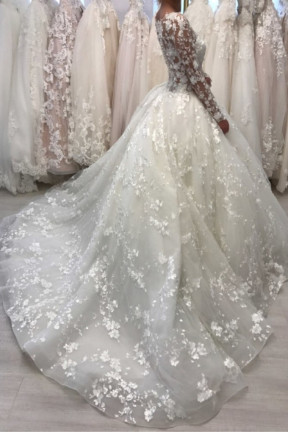 Elegant Long Sleeve Lace White Court Train Ball Gown Wedding Dress