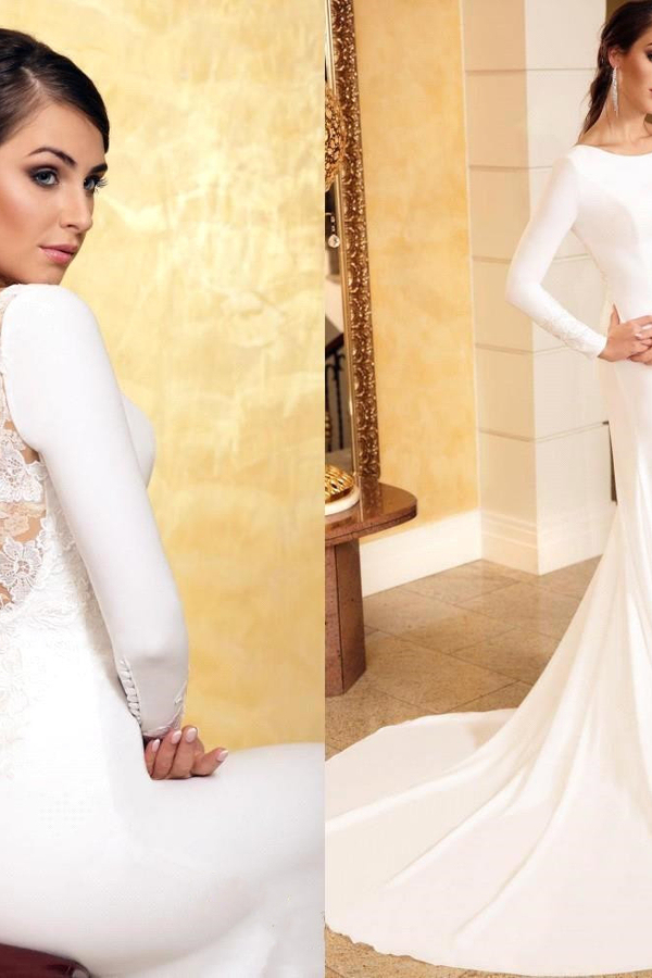 Elegant Mermaid Wedding Dress Long Sleeves Floral Lace Bridal Dress with Train