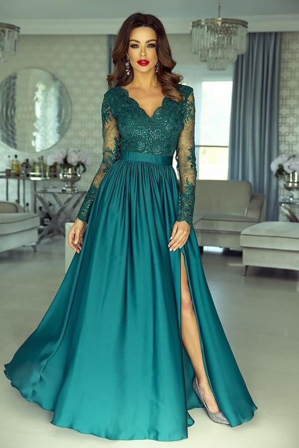 Elegant Navy Lace Satin Evening Maxi Dress Long Sleeves Formal Dress with Side Split