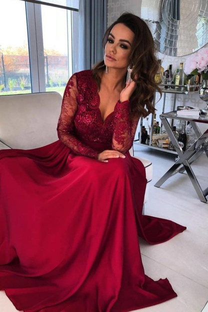 Elegant Navy Lace Satin Evening Maxi Dress Long Sleeves Formal Dress with Side Split