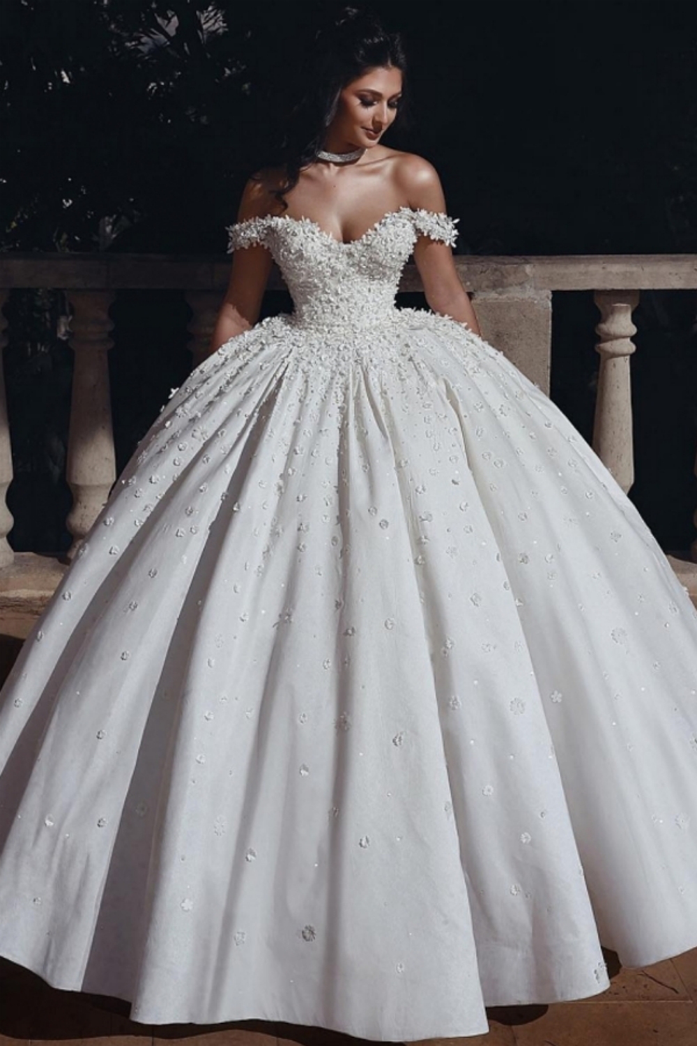 Elegant Off-Shoulder Beaded Flower Ball Gown Wedding Dress
