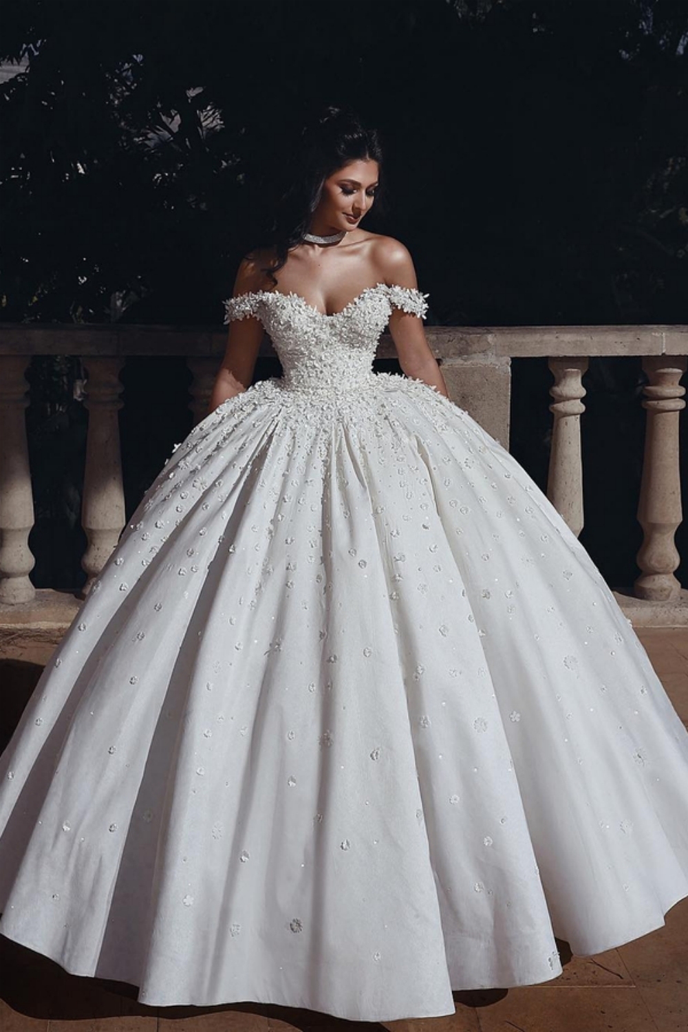 Elegant Off-Shoulder Beaded Flower Ball Gown Wedding Dress