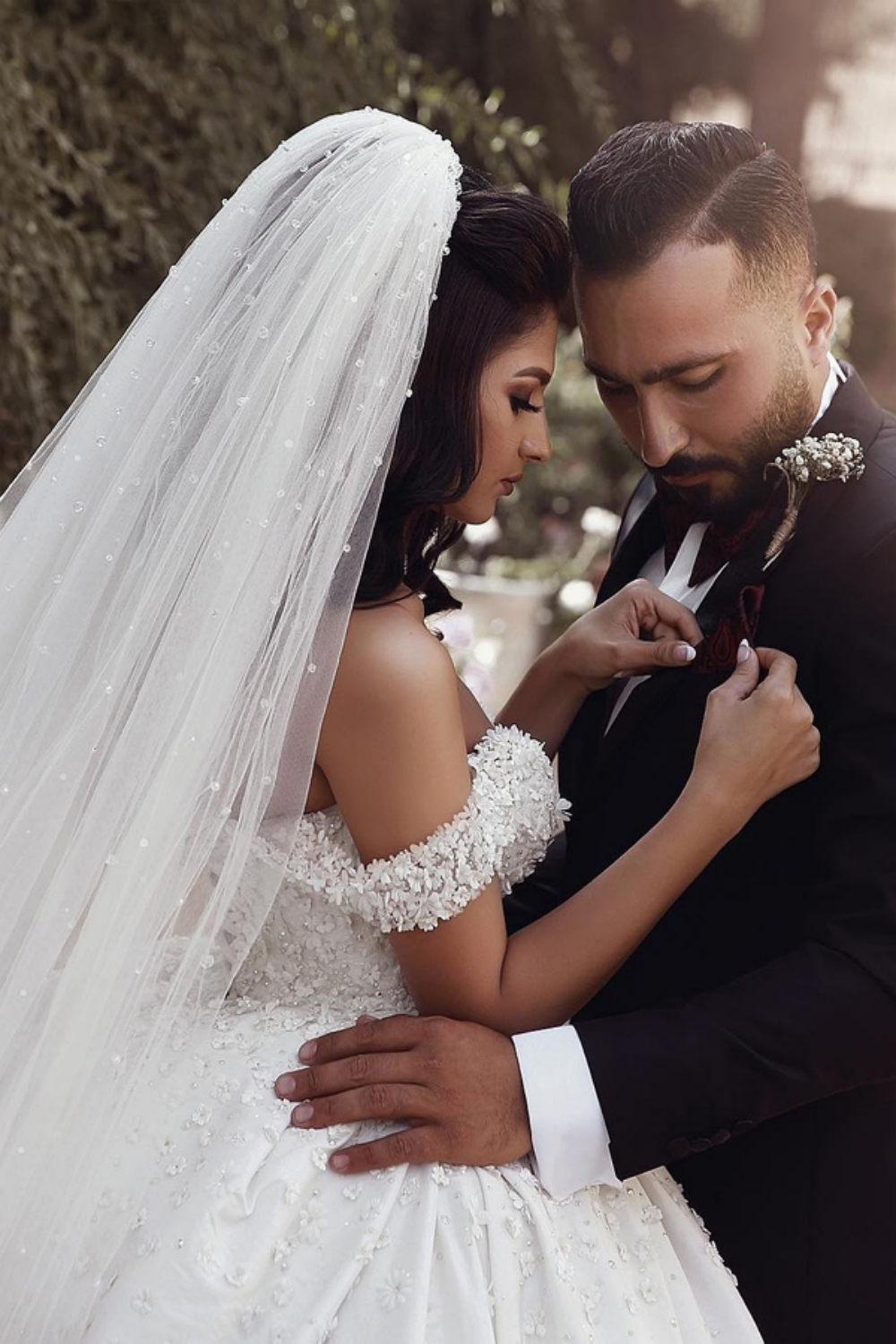 Elegant Off-Shoulder Beaded Flower Ball Gown Wedding Dress