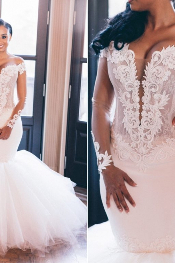 Elegant Off-Shoulder Mermaid Wedding Dress Long Sleeves with Lace Appliques