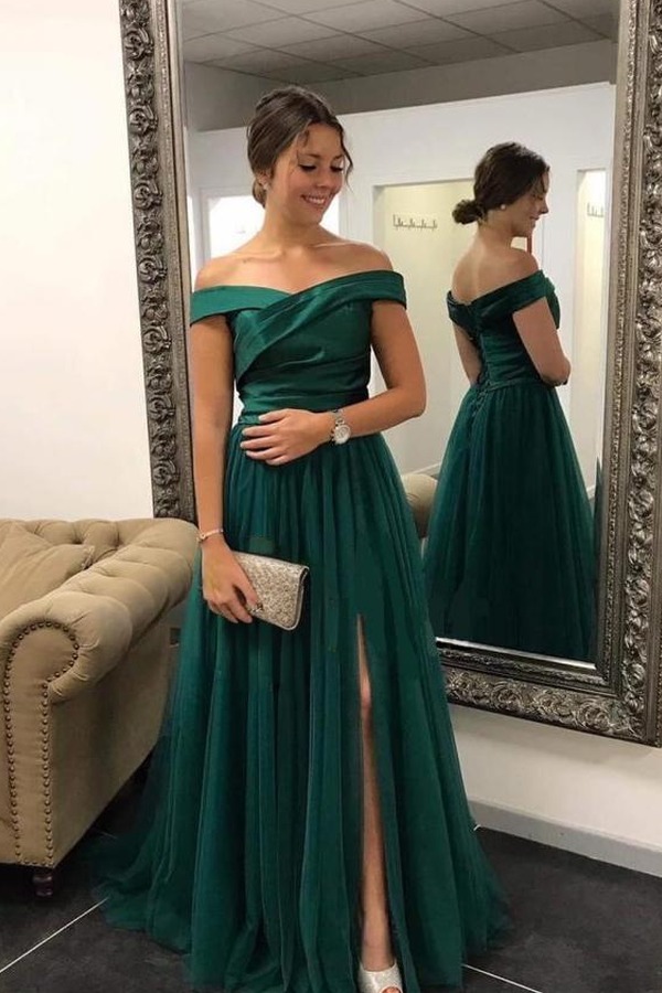 Elegant Off Shoulder Satin Evening Party Dress Side Slit Formal Dress