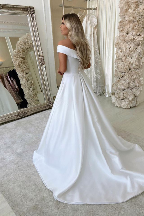 Elegant Off The Shoulder V-neck Wedding Dresses | A-line Pleated Bridal Gowns