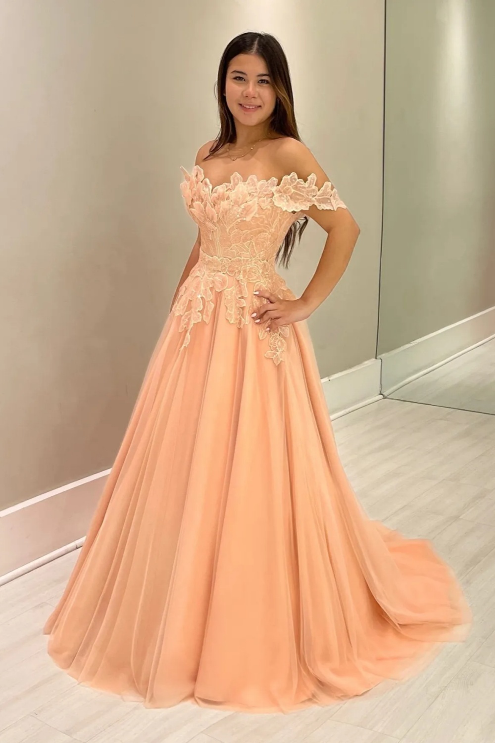 Off-the-Shoulder Tulle Lace Mother of the Bride Dress Pink Wedding Guest Dress