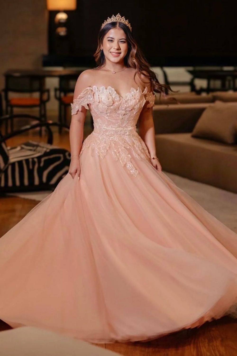 Off-the-Shoulder Tulle Lace Mother of the Bride Dress Pink Wedding Guest Dress