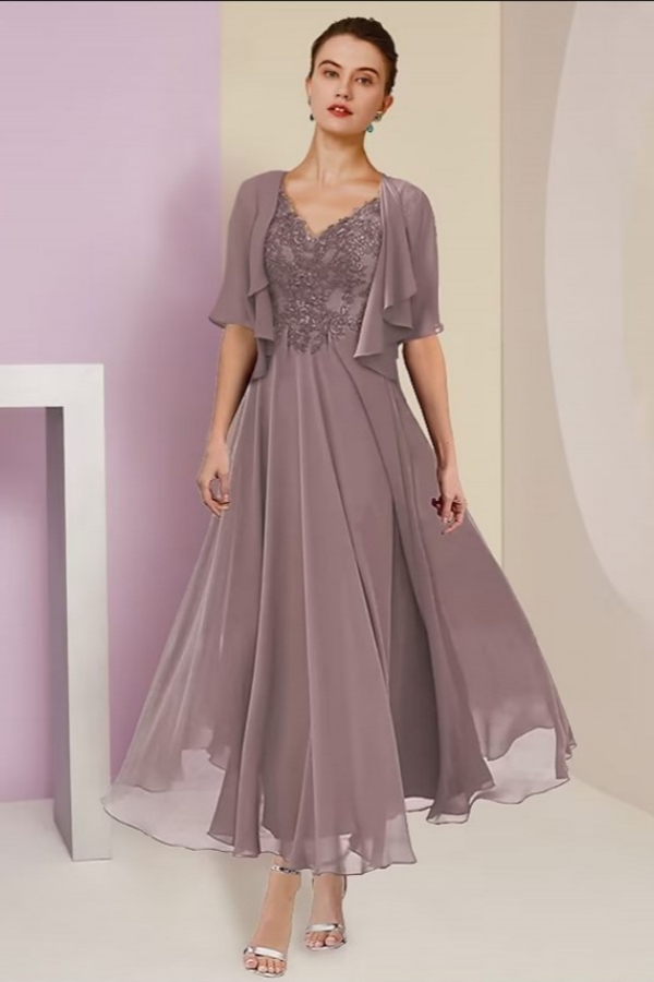Elegant Pink Lace Mother of the Bride Dress V-Neck Chiffon Short Sleeves Aline Wedding Guest Dress