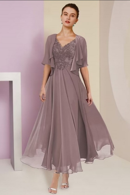 Elegant Pink Lace Mother of the Bride Dress V-Neck Chiffon Short Sleeves Aline Wedding Guest Dress
