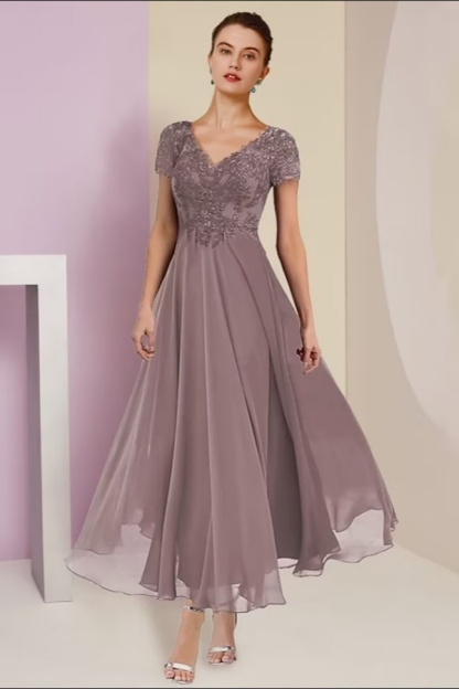 Elegant Pink Lace Mother of the Bride Dress V-Neck Chiffon Short Sleeves Aline Wedding Guest Dress