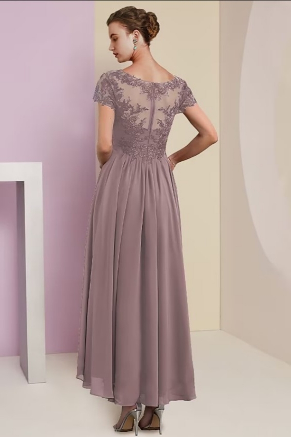 Elegant Pink Lace Mother of the Bride Dress V-Neck Chiffon Short Sleeves Aline Wedding Guest Dress