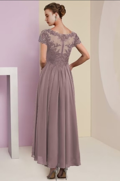 Elegant Pink Lace Mother of the Bride Dress V-Neck Chiffon Short Sleeves Aline Wedding Guest Dress