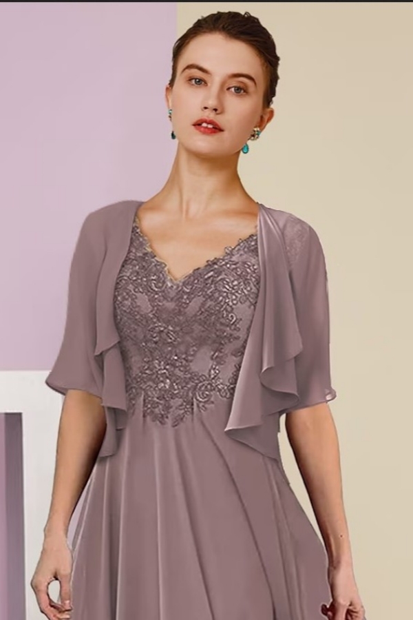 Elegant Pink Lace Mother of the Bride Dress V-Neck Chiffon Short Sleeves Aline Wedding Guest Dress