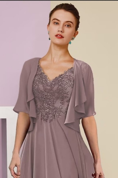 Elegant Pink Lace Mother of the Bride Dress V-Neck Chiffon Short Sleeves Aline Wedding Guest Dress