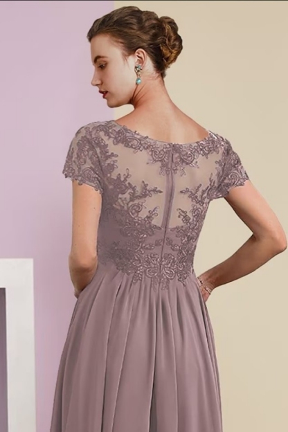 Elegant Pink Lace Mother of the Bride Dress V-Neck Chiffon Short Sleeves Aline Wedding Guest Dress