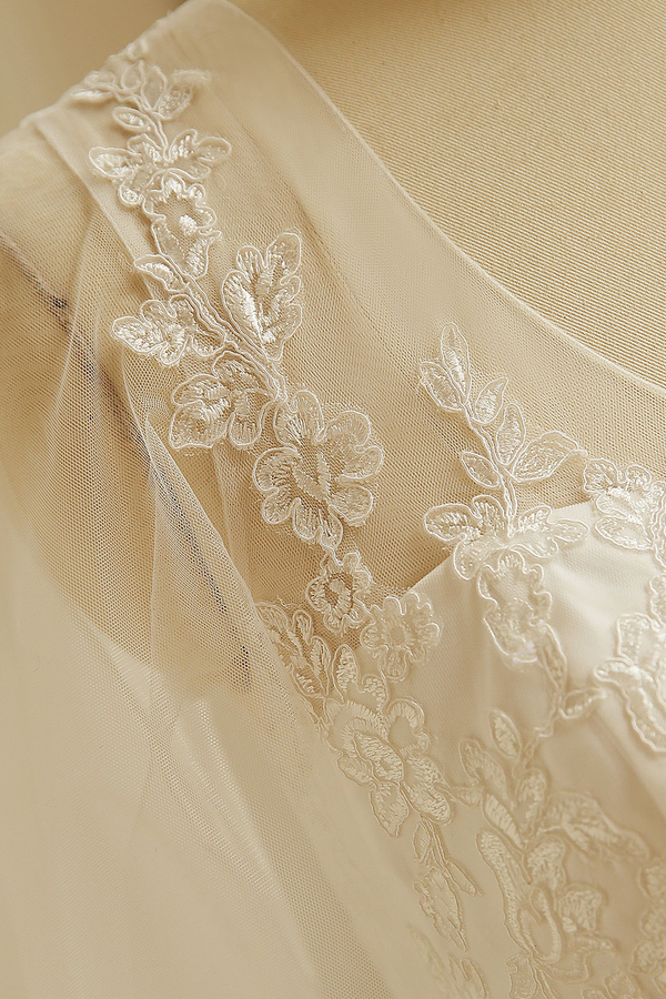 Elegant Plus Size Lace A-Line Wedding Dress with V-Neck Puffy Sleeves Tulle Bridal Dress
