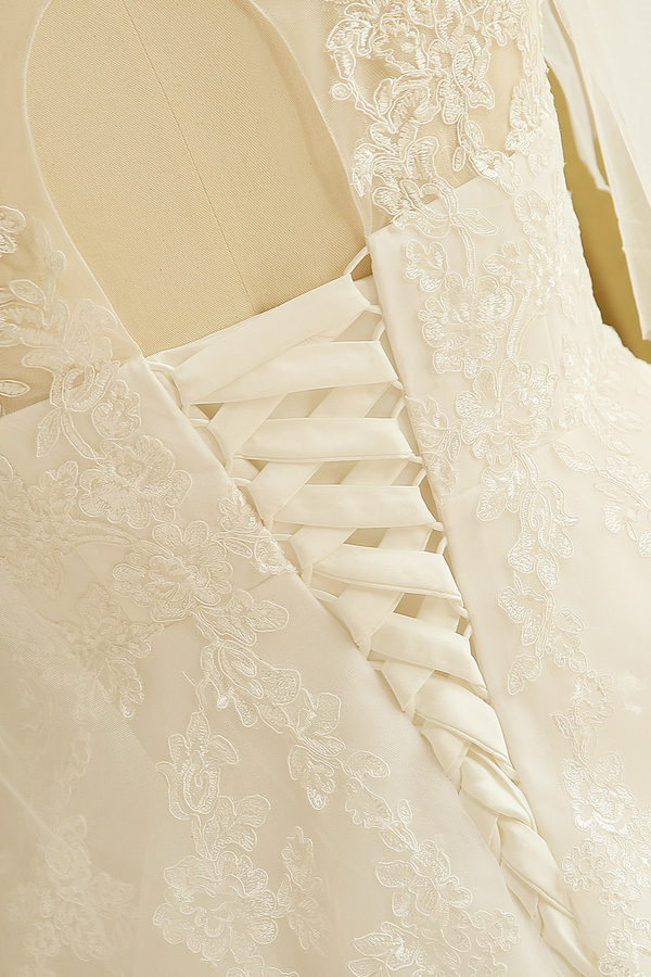 Elegant Plus Size Lace A-Line Wedding Dress with V-Neck Puffy Sleeves Tulle Bridal Dress