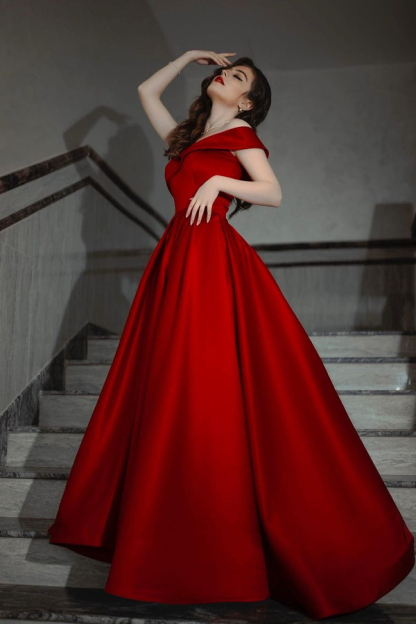Elegant Red Long A-Line Evening Dress Dreamy Wide Strap Prom Dress