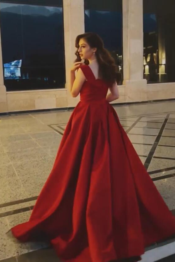 Elegant Red Long A-Line Evening Dress Dreamy Wide Strap Prom Dress