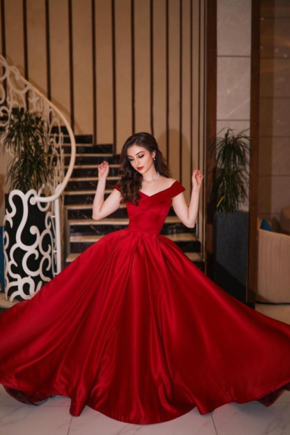 Elegant Red Long A-Line Evening Dress Dreamy Wide Strap Prom Dress