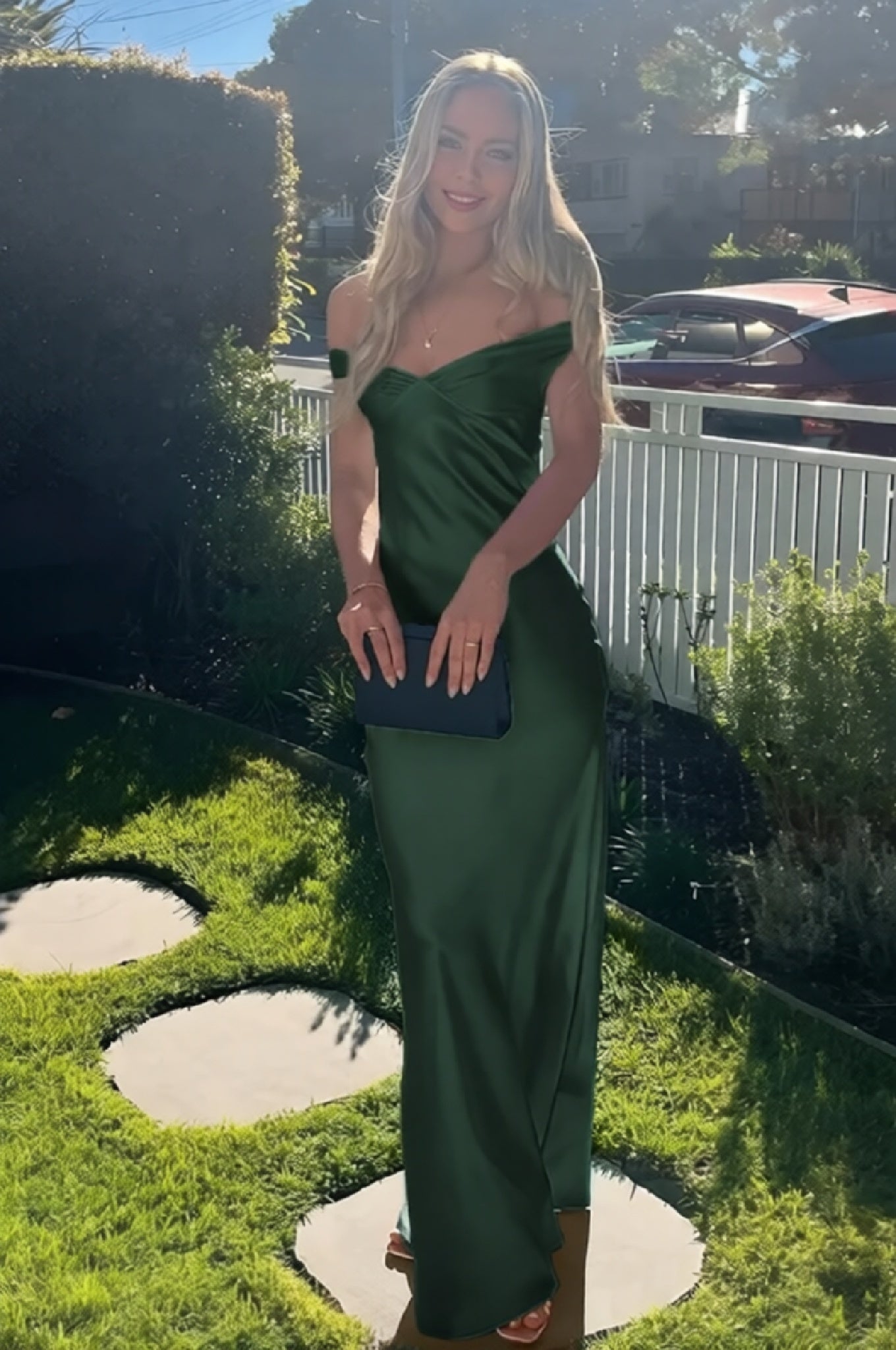 Off-the-Shoulder Ruffle Satin Mermaid Prom Dress Dark Green