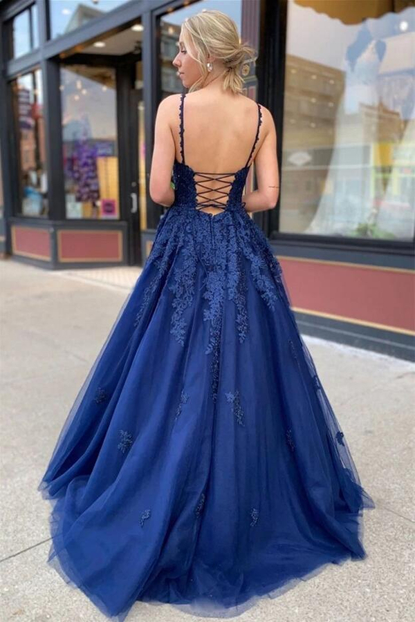 Elegant Sleeveless V-neck Tulle Lace Long Evening Gown with Lace Up Back