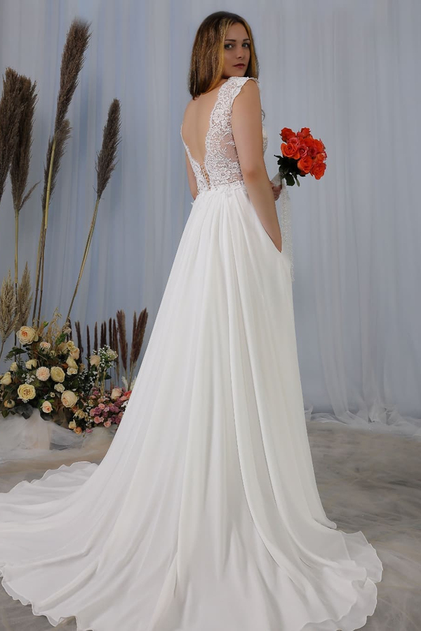 Elegant Sleeveless White Simple Chiffon V-Neck A-Line Wedding Dress