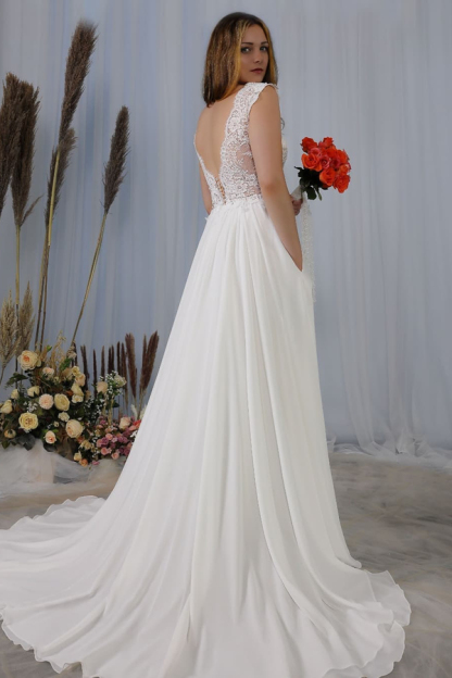 Elegant Sleeveless White Simple Chiffon V-Neck A-Line Wedding Dress