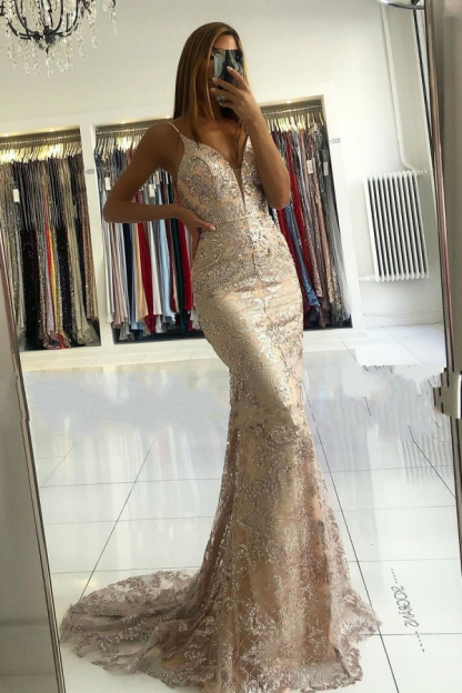 Elegant Spaghetti Strap Champagne Lace V-Neck Evening Dress Court Train 