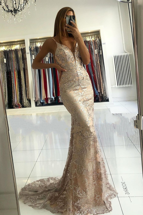 Elegant Spaghetti Strap Champagne Lace V-Neck Evening Dress Court Train 