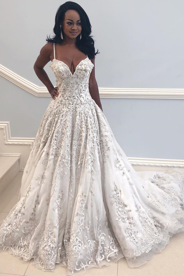 Elegant Spaghetti Strap V-Neck Long Wedding Dress with Lace Appliques