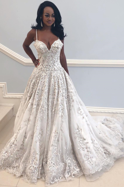 Elegant Spaghetti Strap V-Neck Long Wedding Dress with Lace Appliques