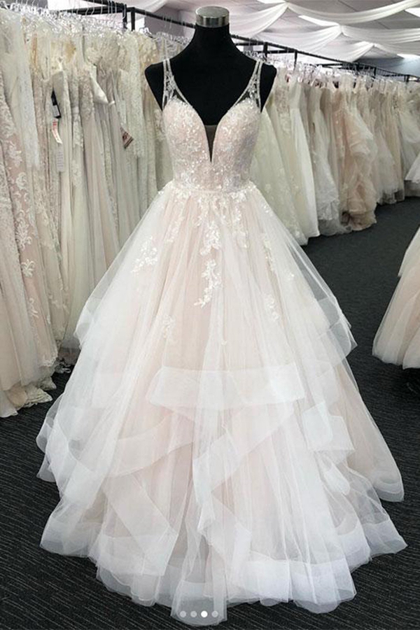 Elegant Tulle V-Neck Wedding Dress with Open Back Sleeveless Layered Bridal Dress