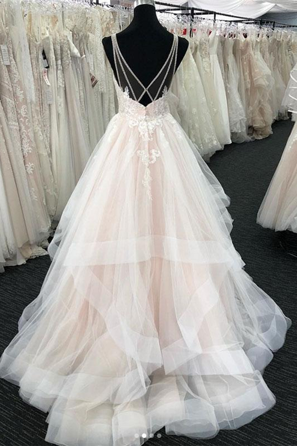 Elegant Tulle V-Neck Wedding Dress with Open Back Sleeveless Layered Bridal Dress