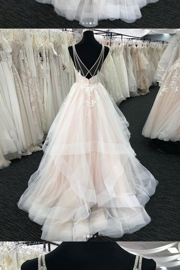 Elegant Tulle V-Neck Wedding Dress with Open Back Sleeveless Layered Bridal Dress