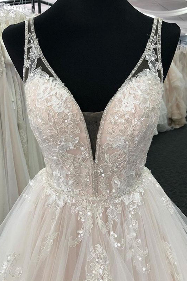 Elegant Tulle V-Neck Wedding Dress with Open Back Sleeveless Layered Bridal Dress