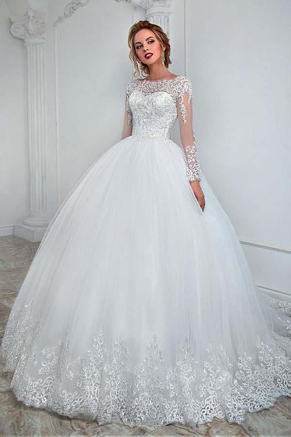 Elegant White Long Sleeve Tulle Bridal Dress with Lace Appliques