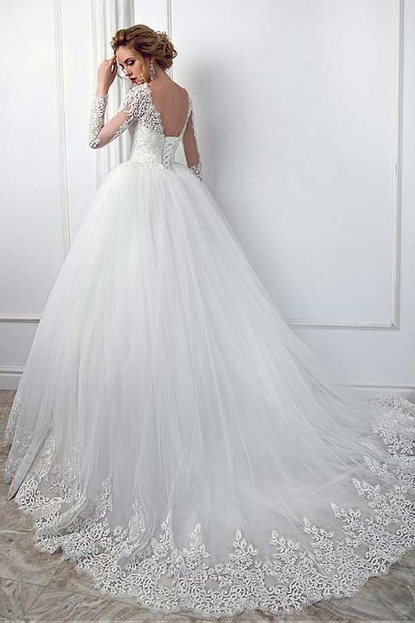 Elegant White Long Sleeve Tulle Bridal Dress with Lace Appliques