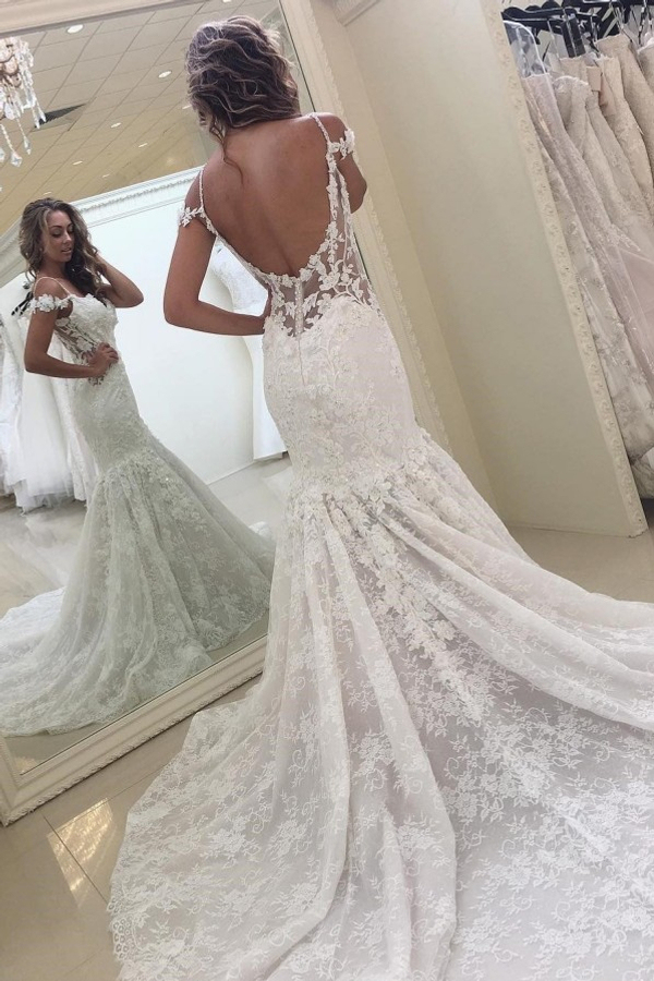 Elegant White Off-Shoulder Lace Mermaid Wedding Dress with Backless