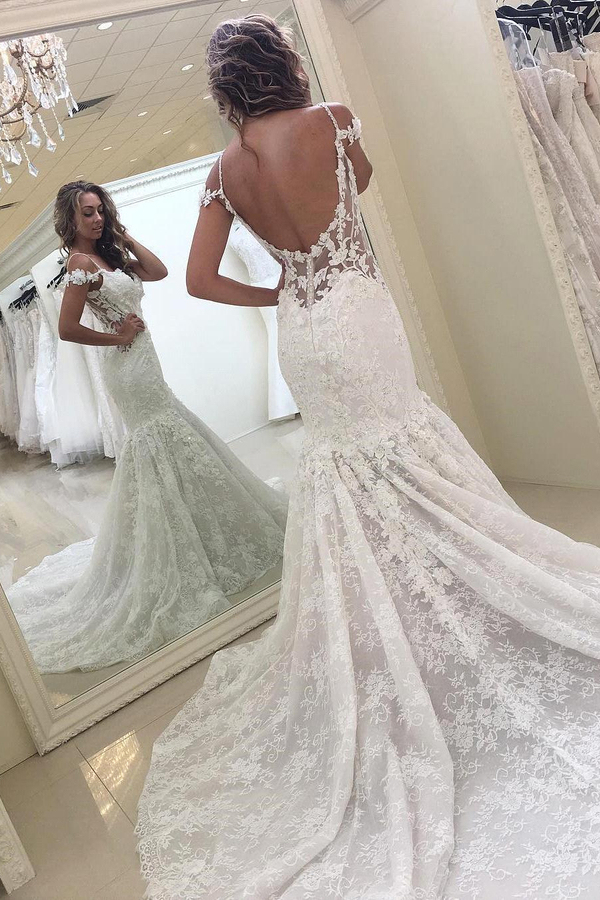 Elegant White Off-Shoulder Lace Mermaid Wedding Dress with Backless