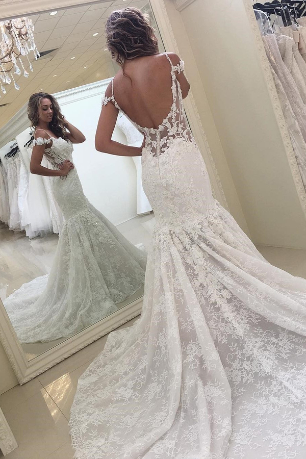Elegant White Off-Shoulder Lace Mermaid Wedding Dress with Backless
