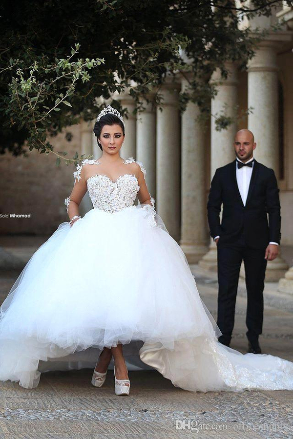 Elegant White Sweetheart Long Sleeve Tulle Ball Gown Wedding Dress