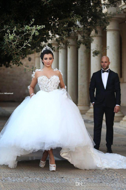 Elegant White Sweetheart Long Sleeve Tulle Ball Gown Wedding Dress
