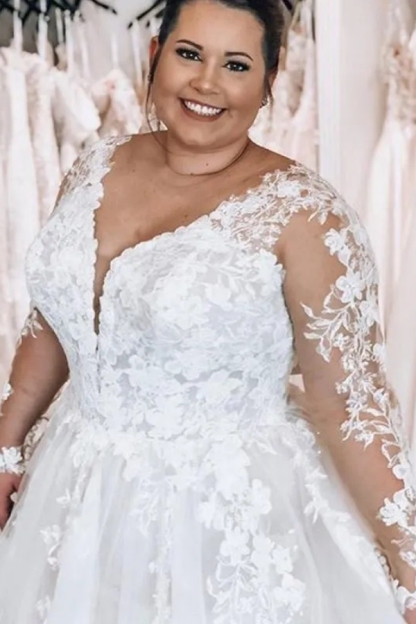 Elegant White V-Neck Wedding Dress with Long Sleeves Aline Plus Size Tulle Lace Bridal Dress for Women