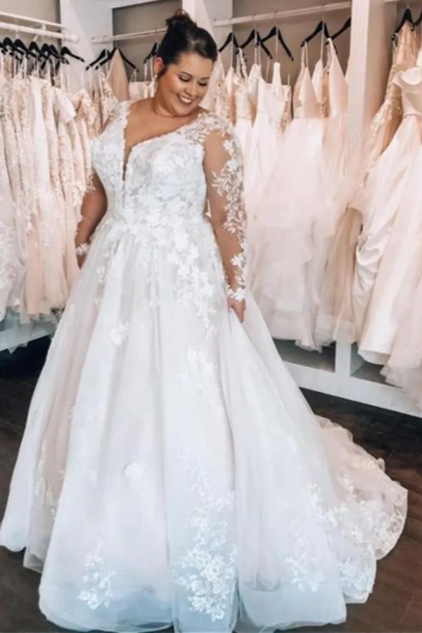 Elegant White V-Neck Wedding Dress with Long Sleeves Aline Plus Size Tulle Lace Bridal Dress for Women