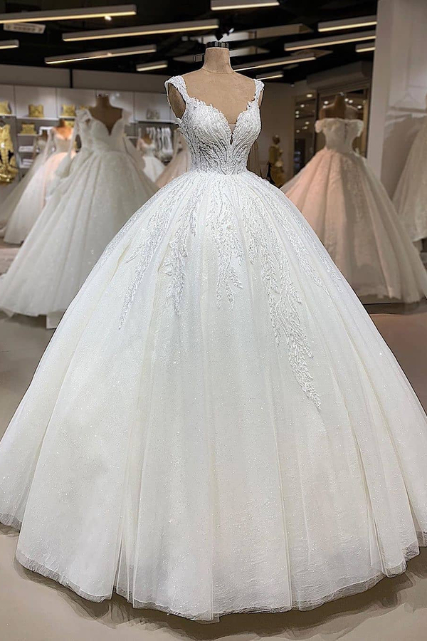 Exquisite Spaghetti Strap Lace Applique Puffy Tulle Princess Wedding Dress