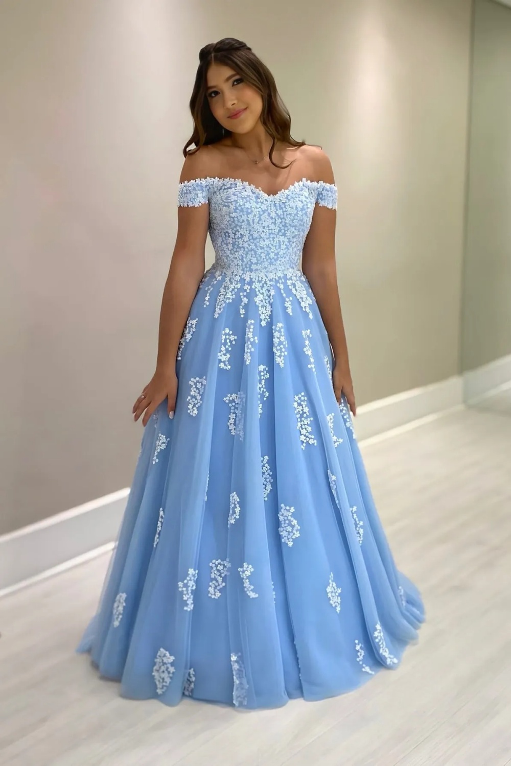 Off-the-Shoulder Blue Tulle Lace Mother of the Bride Dress ALine Evening Dress
